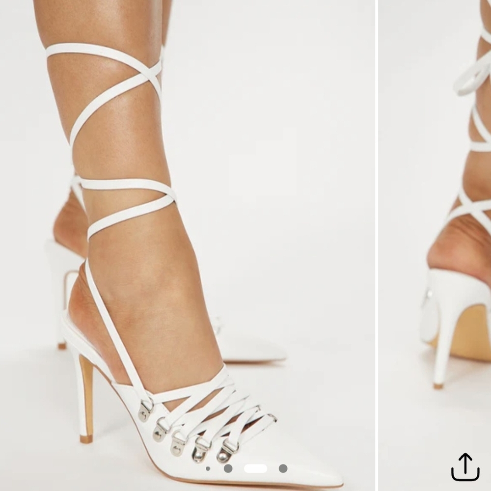 White Strappy Pointed-Toe Lace-Up Heels